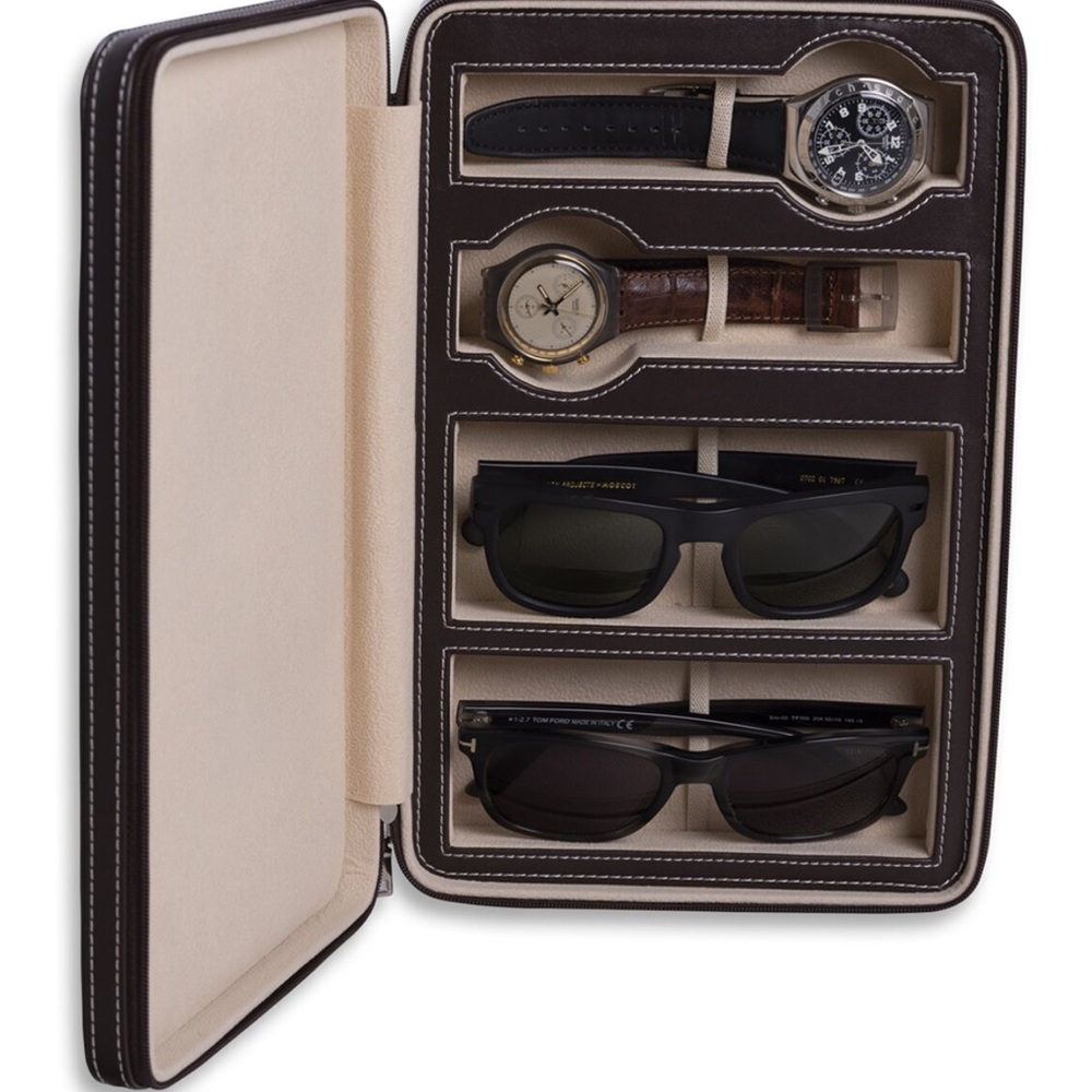 Elegant Brown Leather Watch and Sunglasses Case
